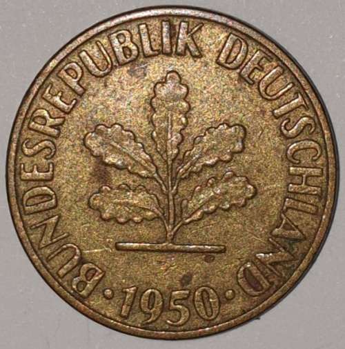 1950 F - 5 PFENNIG - FIVE PFENNIG - GERMANY - FEDERAL REPUBLIC - (Brass Clad Steel)
